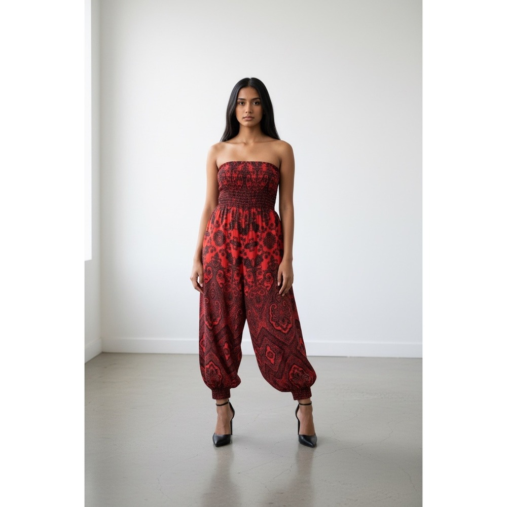 Free People Red‎ Black Paisley Smocked Strapless Jumpsuit Boho Harem Pants M